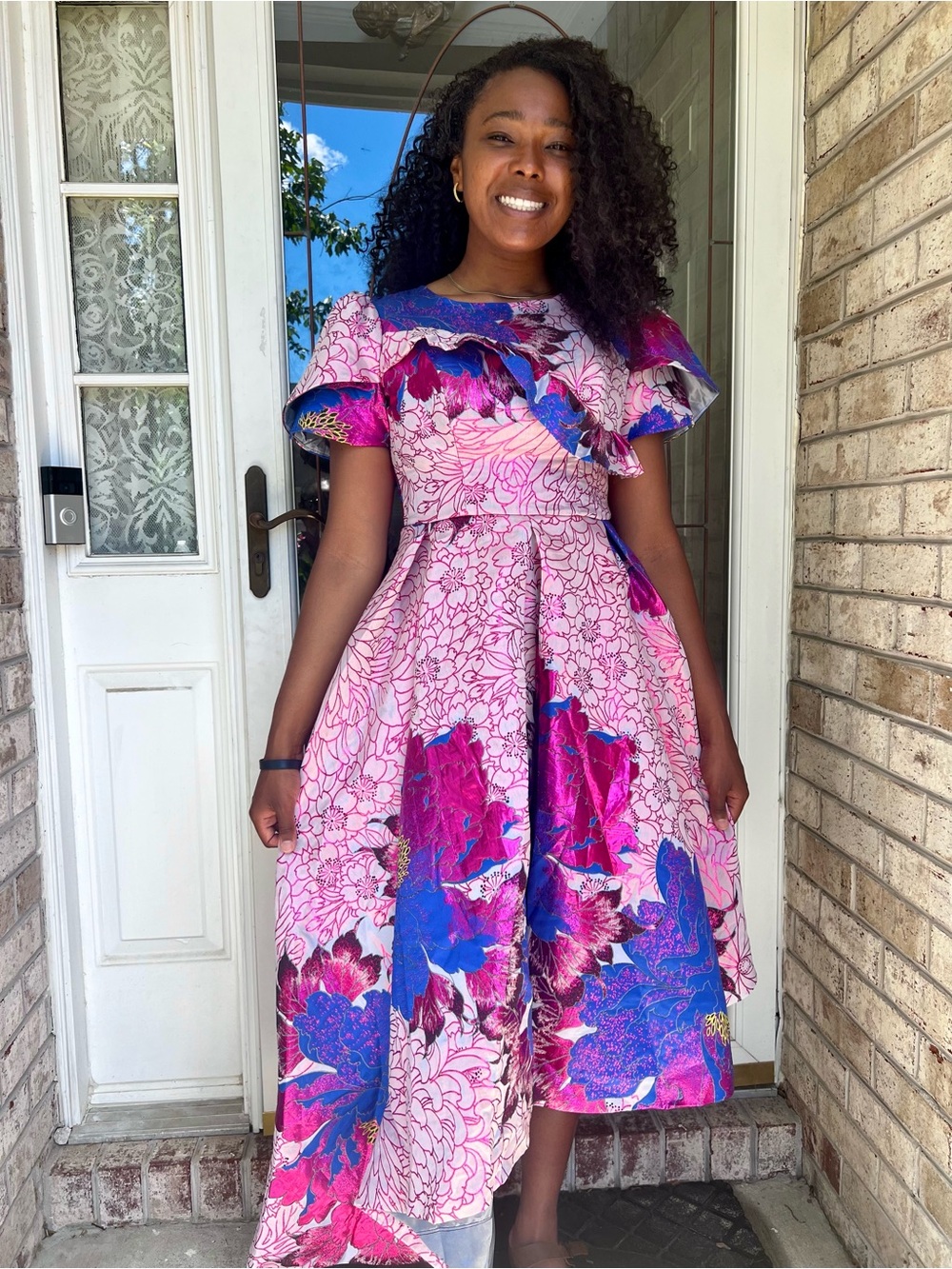 Pink Floral Damask Brocade Ruffle Midi Dress